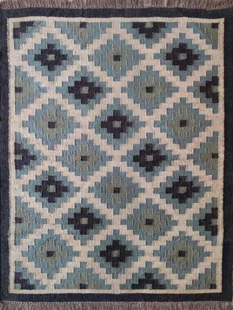 Handwoven Wool Jute Kilim Rug - Blue & Beige Geometric Flatweave Reversible Tribal - image 1