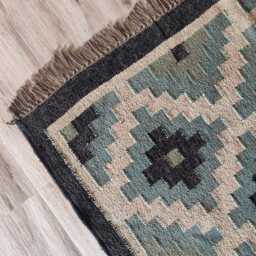 Handwoven Wool Jute Kilim Rug - Blue & Beige Geometric Flatweave Reversible Tribal - thumbnail 4