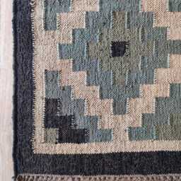 Handwoven Wool Jute Kilim Rug - Blue & Beige Geometric Flatweave Reversible Tribal - thumbnail 3