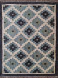Handwoven Wool Jute Kilim Rug - Blue & Beige Geometric Flatweave Reversible Tribal - thumbnail 1