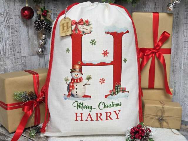 Personalised Christmas Sack, Santa Personalized Xmas Present, Wooden Name Tag, Eve Gift Bag, Snowman, Custom Stocking - image 1