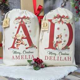 Personalised Christmas Sack, Santa Personalized Xmas Present, Wooden Name Tag, Eve Gift Bag, Snowman, Custom Stocking - thumbnail 2