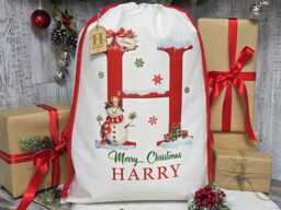 Personalised Christmas Sack, Santa Personalized Xmas Present, Wooden Name Tag, Eve Gift Bag, Snowman, Custom Stocking - thumbnail 1