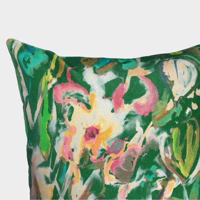 Expressive Watercolour Floral Velvet Cushion -Green - image 1