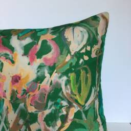 Expressive Watercolour Floral Velvet Cushion -Green - thumbnail 3