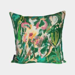 Expressive Watercolour Floral Velvet Cushion -Green - thumbnail 2