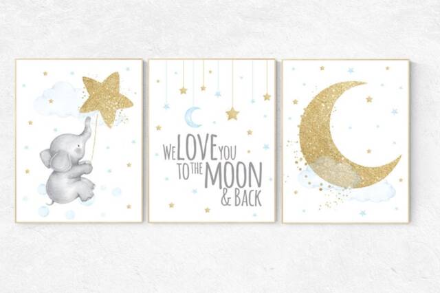 Elephant Nursery Decor Blue & Gold Moon & Stars Art Print - image 1