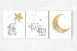 Elephant Nursery Decor Blue & Gold Moon & Stars Art Print - thumbnail 1