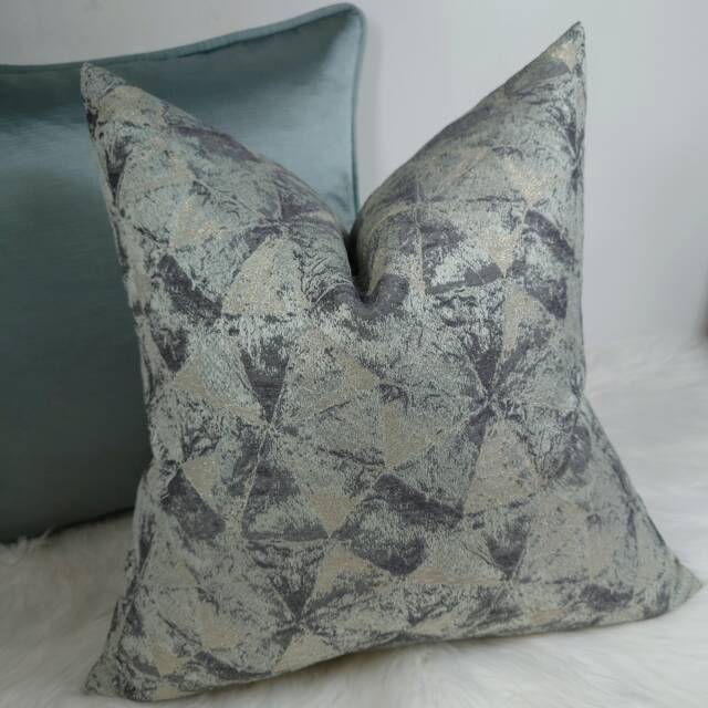 Geometric Duck Egg & Gold Cushion Cover, Luxury Satin Mint Green Fabric Jacquard Design Pillow Metallic Thread Detail Cover - image 1