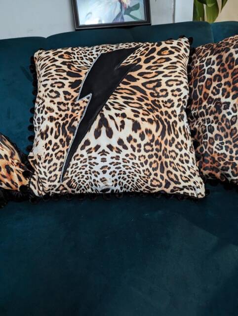 Black, Silver Heavy Rock Ac/Dc/Kiss Bowie, Ziggy. Leopard Print Embroidered Luxury Velvet Large Cushion 47cm X 47cm - Handmade UK - image 1