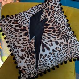 Black, Silver Heavy Rock Ac/Dc/Kiss Bowie, Ziggy. Leopard Print Embroidered Luxury Velvet Large Cushion 47cm X 47cm - Handmade UK - thumbnail 3