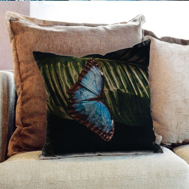 Butterfly Blue Leaf Photography - Decorative Pillow Throw Cushion Fabric , Case Cover Or With Filling