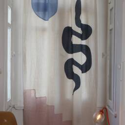 Set Of 2 Linen Curtain Moroccan Landscape Design/Two Pair Interior Designer Art Ecru Panel, Snake & Blue Moon Rod Pocket Drapery - thumbnail 4