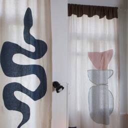 Set Of 2 Linen Curtain Moroccan Landscape Design/Two Pair Interior Designer Art Ecru Panel, Snake & Blue Moon Rod Pocket Drapery - thumbnail 3