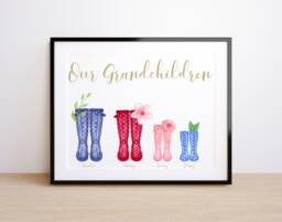 Mothers Granny Nannies Day Family Welly Boot Print, Floral Custom Made Spotty Watercolour Boots Mothers Day , New Home Gift - thumbnail 1