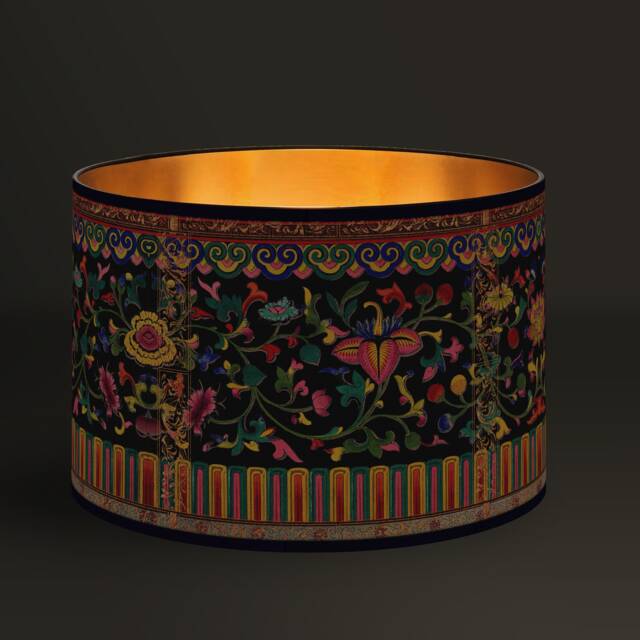 Exotic Floral Drum Lampshade, Bohemian Decor, Brushed Gold Interior - image 1