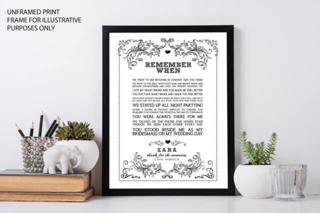 Beautiful Unique Personalised Memory Print, Remember When - Bridesmaid, Birthday, Best Friend, Wedding Gift - image 1