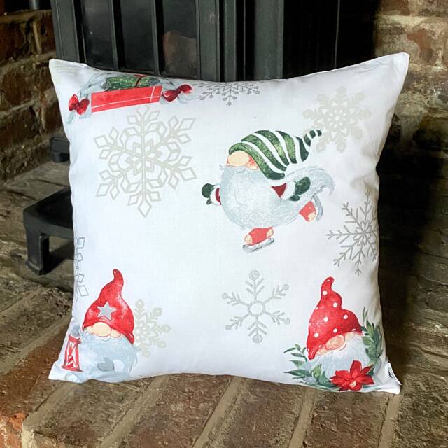 973. Handmade Skating Christmas Elves On White 100% Cotton Cushion Cover. Various Sizes - image 1