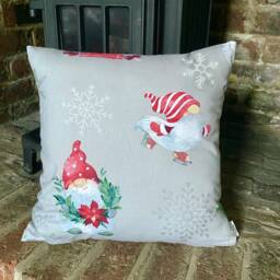 973. Handmade Skating Christmas Elves On White 100% Cotton Cushion Cover. Various Sizes - thumbnail 3