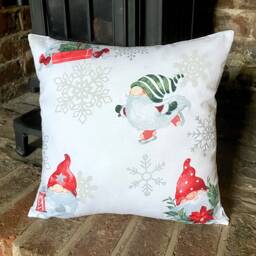 973. Handmade Skating Christmas Elves On White 100% Cotton Cushion Cover. Various Sizes - thumbnail 1