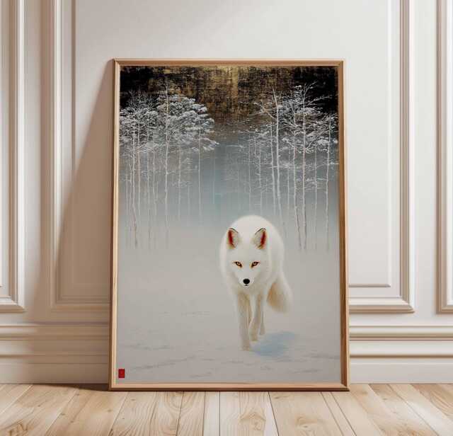 White Fox Art Print, Snow Forest Poster, Winter Animal Wall Art, Japanese Minimalist Decor, Arctic Illustration, Nature Woodland Scene - image 1