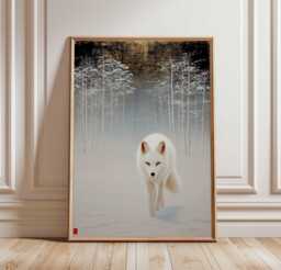 White Fox Art Print, Snow Forest Poster, Winter Animal Wall Art, Japanese Minimalist Decor, Arctic Illustration, Nature Woodland Scene - thumbnail 1