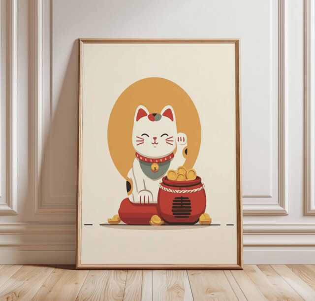 Lucky Cat Poster Japanese Maneki Neko Wall Art - Modern Minimalist Asian Style Print For Home Decor & Good Fortune Unframed - image 1