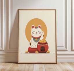 Lucky Cat Poster Japanese Maneki Neko Wall Art - Modern Minimalist Asian Style Print For Home Decor & Good Fortune Unframed - thumbnail 1