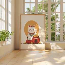 Lucky Cat Poster Japanese Maneki Neko Wall Art - Modern Minimalist Asian Style Print For Home Decor & Good Fortune Unframed - thumbnail 3