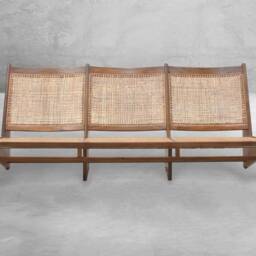 Pierre Jeanneret Inspired 3 Seater Kangaroo Bench - Handmade Reclaimed Teakwood With Rattan Caning Chandigarh Furniture - thumbnail 2
