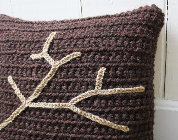 Chunky Crochet Throw Pillow Brown/Tan Tree Branch, Decorative Pillow, 16 X - image 1