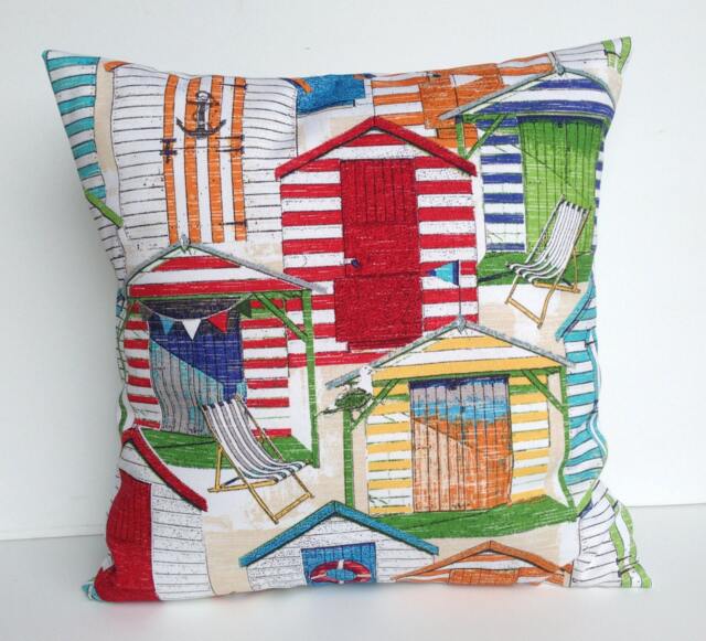 One Indoor/Outdoor Beach Huts Print Pillow Covers, Cushion, Decorative Throw Pillow, Coral 20x20, Nautical - image 1
