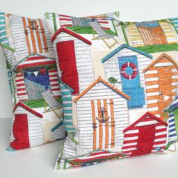 One Indoor/Outdoor Beach Huts Print Pillow Covers, Cushion, Decorative Throw Pillow, Coral 20x20, Nautical - thumbnail 2