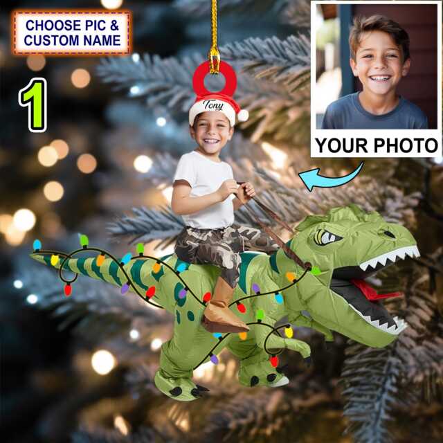 Custom Name & Photo Kid Rides The Dinosaurus Christmas Light Personalized Ornament, Hanging Decor, Flat 2D Ornament - image 1