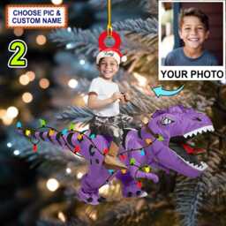 Custom Name & Photo Kid Rides The Dinosaurus Christmas Light Personalized Ornament, Hanging Decor, Flat 2D Ornament - thumbnail 2