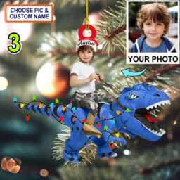 Custom Name & Photo Kid Rides The Dinosaurus Christmas Light Personalized Ornament, Hanging Decor, Flat 2D Ornament - thumbnail 3