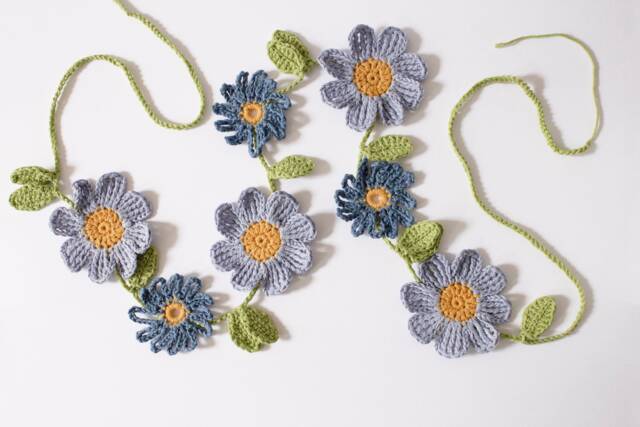 Crochet Blue Daisy Flower With Leaves Wall Hanging Bunting - Nature Decoration Spring Summer Garland Easter/ Mother's Day Present Gift - image 1