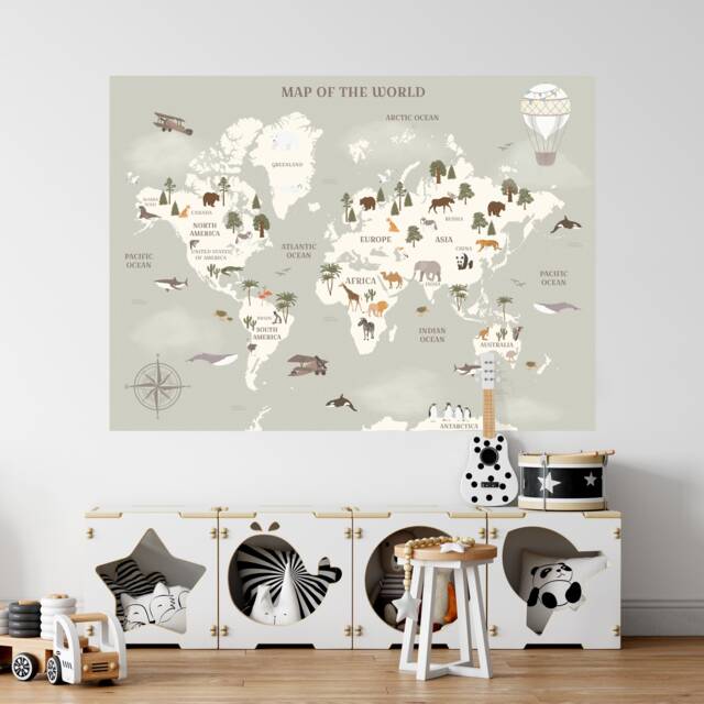 World Map Wall Decal in Pastel Green, Pink, Blue For Children Kids Educational Sticker With Animals - image 1
