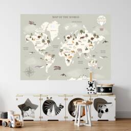 World Map Wall Decal in Pastel Green, Pink, Blue For Children Kids Educational Sticker With Animals - thumbnail 1