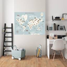 World Map Wall Decal in Pastel Green, Pink, Blue For Children Kids Educational Sticker With Animals - thumbnail 3