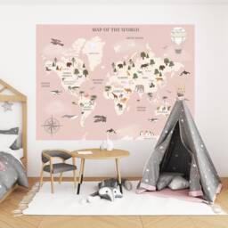 World Map Wall Decal in Pastel Green, Pink, Blue For Children Kids Educational Sticker With Animals - thumbnail 2