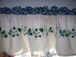 Hand Stenciled Blueberry Muslin Valance, Farmhouse Kitchen Decor - thumbnail 1