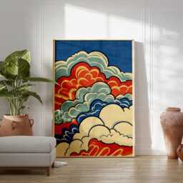 Blue Red Cloud Poster - Stylised Swirling Sky Illustration Graphic Folk Line Art - thumbnail 3