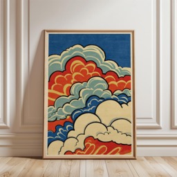 Blue Red Cloud Poster - Stylised Swirling Sky Illustration Graphic Folk Line Art - thumbnail 1