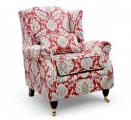 Handcrafted Wingback Fireside Chair Red Claret Pattern Velvet, Made in UK