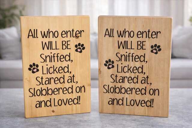 Wooden Dog Plaque Sign, Sniffed Licked Stared At, Wall Decor - image 1
