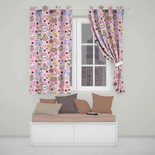 Cute Kawaii School Supplies Cat Books Clock Pencil Pink Seamless Pattern Readymade Eyelet Ring Top Thermal 100% Blackout Curtains - image 1