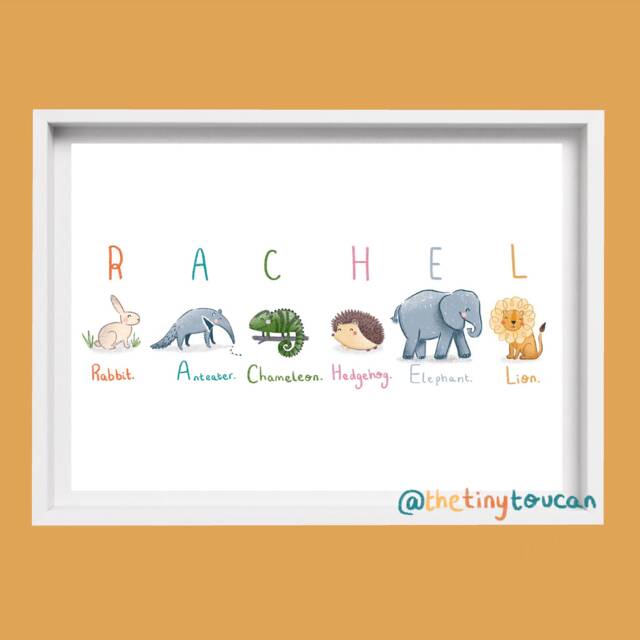 Name Animal Print A4/A3 - Kids Name Art - Nursery Wall Illustration - Animal Art - image 1