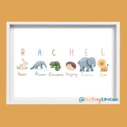 Name Animal Print A4/A3 - Kids Name Art - Nursery Wall Illustration - Animal Art - thumbnail 1