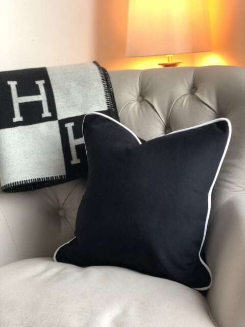 Handmade Black Velvet Cushion Cover, White Piping - Luxury - image 1